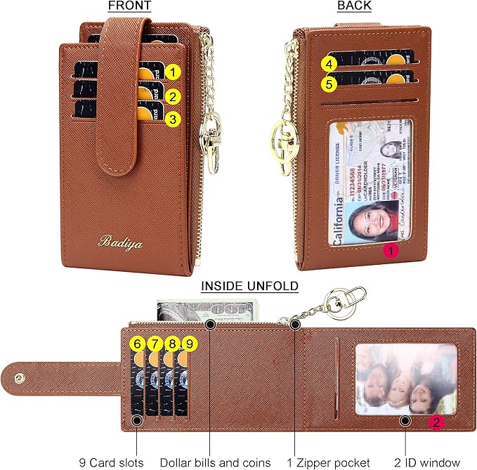 Badiya Slim Women Wallet RFID Blocking Bifold Compact 9 Card Slots Holder Wallets Soft Leather with Zipper Coin Pocket 2 ID Window