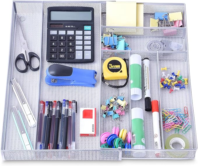WuGeShop Expandable Office Drawer Organizer, 6 to 7 Compartments Adjustable Mesh Desk Drawer Organizer, Good Desk Organizer for Office Supplies and Art Supplies