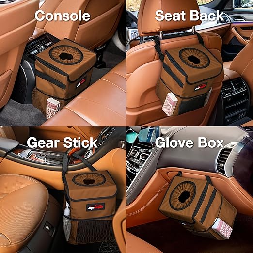 EPAuto Waterproof Car Trash Can with Lid and Storage Pockets, 2.5 Gallon Leakproof, Brown