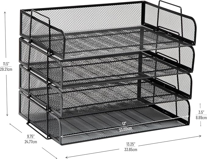 Mind Reader Stackable Paper Tray, Desktop Organizer, File Storage, Office, Metal Mesh, 4 Pcs., Black (Pack of 4)