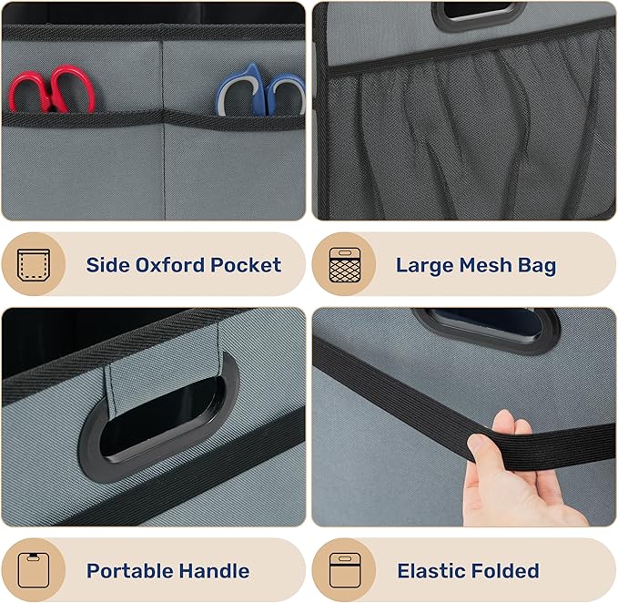 YSSOA 2 Compartments Car Trunk Organizer with Lid, 600D Oxford Polyester Car Storage, Anti-slip Collapsible Trunk Storage, Suitable for SUV, Minivan, Truck, Grey-Green