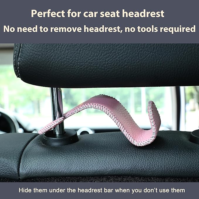 Amooca Car Seat Headrest Hook Universal Vehicle Storage Hanger Leather with Metal Car Seat Back Organizer for Handbag Purse Coat Pink 4 Pack