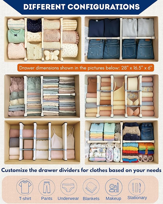 4 Pack Adjustable Drawer Dividers for Clothes with Scent Slots 4" High, 13-20.4" and 4 Adjustable Hooks, Expandable Dresser Drawer Dividers for Kitchen, Closet, Bathroom, Office