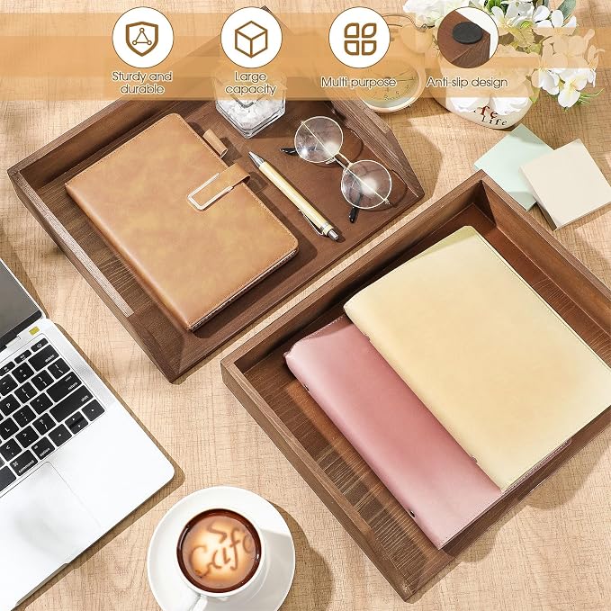 Beeveer 2 Pcs Dark Wood Letter Tray Wooden Desk Paper Organizer 2 Tier Stackable Load Documents Desktop Tray Drawer File Folder Magazine Office Accessories for Home Office Back to School
