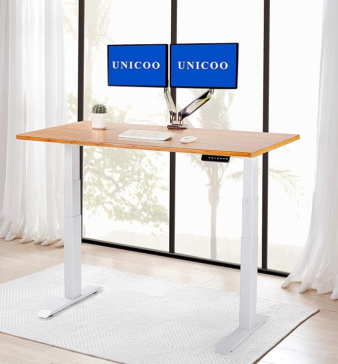 UNICOO Electric Stand Up Desk Adjustable Frame - Dual Motor, 3 Stage Lifting, 4 Memory Keypad, Gray - Fits Top Size 43-78.7x23.6-31.5 inches, Max Load 264lbs (White)