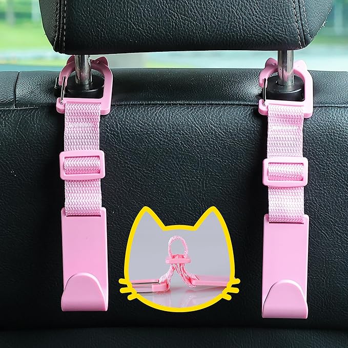 Amooca Car Headrest Hooks 4 Pack Adjustable Universal Fit Auto Seat Back Organizer Storage Hanger Purse Bags Holder with Clip Pink