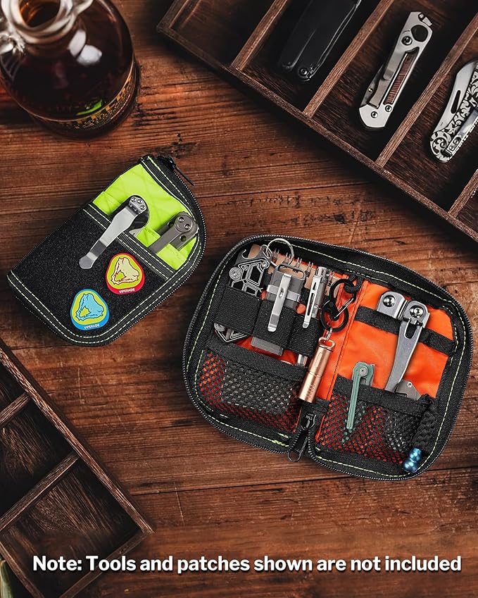 VIPERADE VE10 EDC Pouch Small Pocket Tool Pouch with 10 Compartments, Men's Pocket Organizer for Multitools, EDC Organizer with Patches Area for DIY (X-pac Green)
