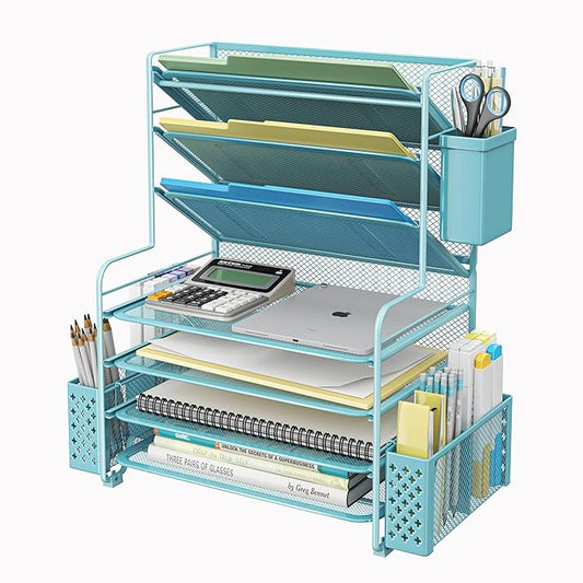 Simple Trending 7 Tier Desk File Organizer, Letter Tray Paper Organizer with Pen Holder and Metal Hanging Basket, Blue