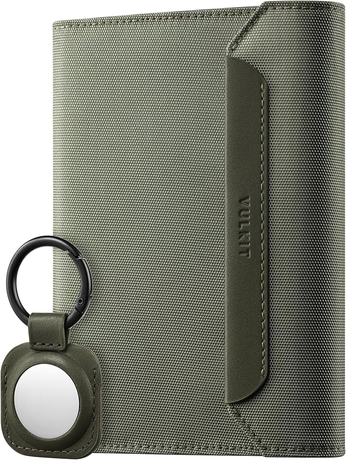 VULKIT Passport Wallet with Detachable AirTag Holder, Vegan Leather Passport Holder, RFID Blocking, Travel Essential, Magnetic Closure, Green