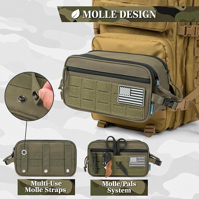 PAVILIA Tactical Toiletry Bag for Men, Water Resistant Molle Military Dopp Kit, Travel Hygiene Organizer with Wet Dry Storage for Shaving, Grooming, Gym and Camping, Olive