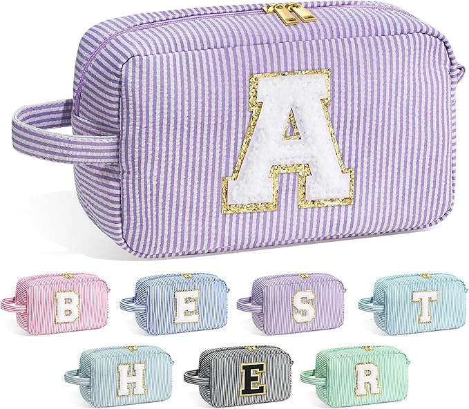 YOOLIFE Gifts for Women Teen Girls - Initial Makeup Bag Cosmetic Bag Toiletry Pouch, Personalized Birthday Gifts for Women Girls Mom Daughter Sister Friends, Purple A