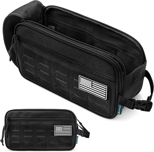 PAVILIA Tactical Toiletry Bag for Men, Water Resistant Molle Military Dopp Kit, Travel Hygiene Organizer with Wet Dry Storage for Shaving, Grooming, Gym and Camping, Black XL