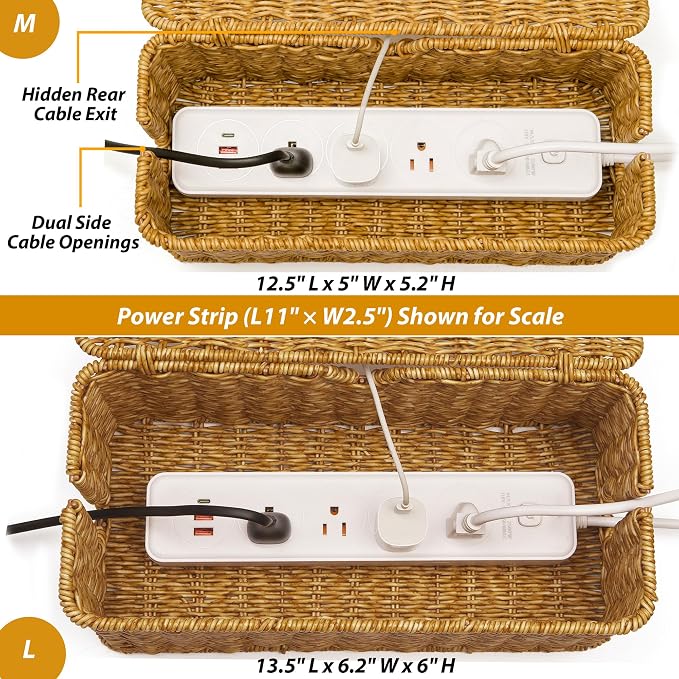 ZhiYo Rattan Cable Management Box, Cord Organizer, Nature, 2 Pack (M&L) | Handwoven imitation rattan cord hider box conceals power strips and cables for a clean desk or floor setup
