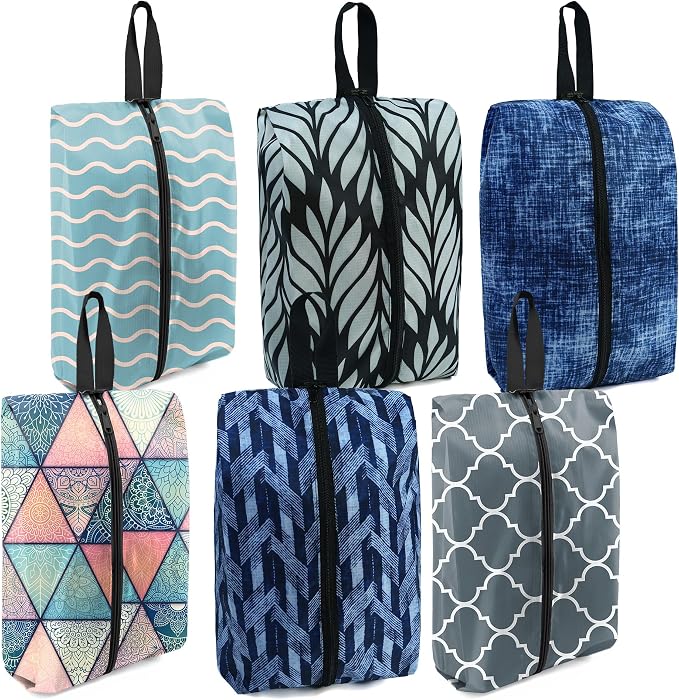 BeeGreen Shoe Bags 6 Pack Geometry Design for Travel with Handle as Packing Organizers for Suitcase and Luggage | Portable Nylon Storage Accessories for Vacations, Essential Gifts for Women and Men