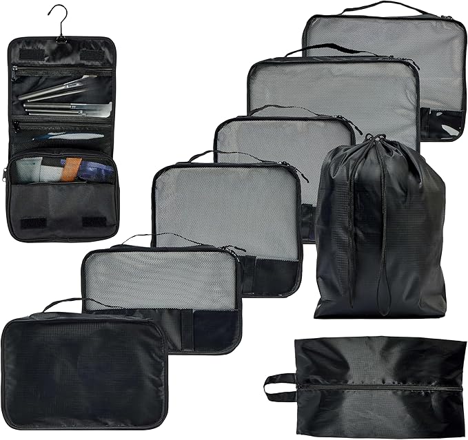 Packing Cubes Set – Cute Packing Cubes for Travel, Luggage Organizer Bags for Suitcase, For Kids & Family, Floral, Neutral & Aesthetic Travel Organizer Set -Black