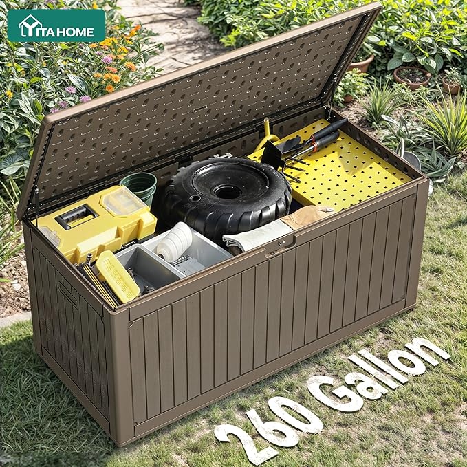 YITAHOME 260 Gallon Extra Large Deck Box, Double-Wall Resin Outdoor Storage Box with Flexible Divider for Patio Cushions Garden Tools, 1000lbs Load Capacity, Lockable & Waterproof (Light Brown)