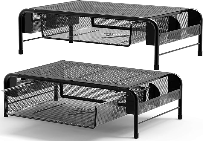 Simple Houseware Metal Desk Monitor Stand Riser with Organizer Drawer, Black, 2 Packs