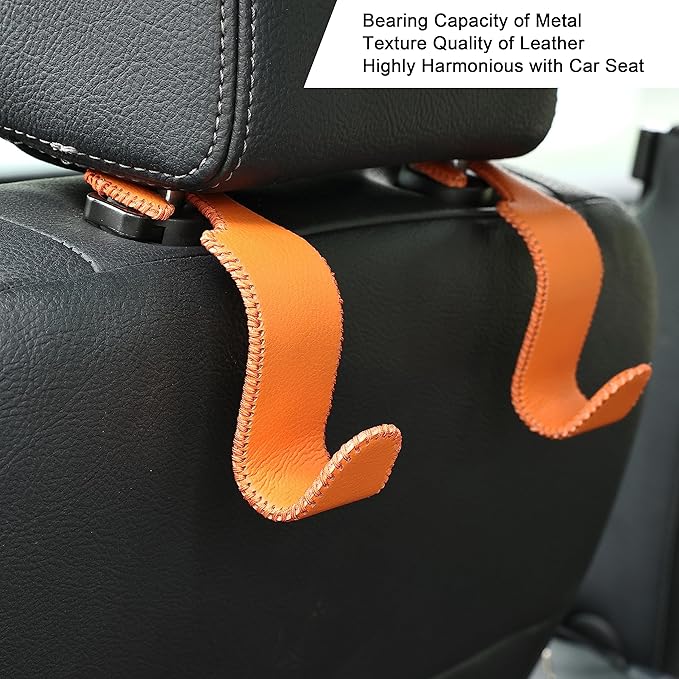 Amooca Car Seat Headrest Hook Universal Vehicle Storage Hanger Leather with Metal Car Seat Back Organizer for Handbag Purse Coat Orange 4 Pack