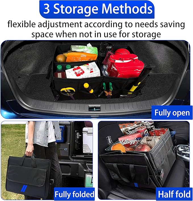 YOSRTER Car Trunk Organizer for Dodge Charger Durango Challenger Ram Collapsible Storage Box with Handle Foldable Lid Non Slip Bottom 2 Compartment Sturdy Base Panel Blue Trim