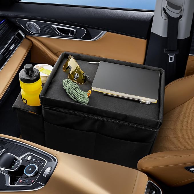 Car Organizer & Cooler – Durable Oxford Fabric Exterior & Waterproof Liner, Portable Car Storage & Insulated Cooler Box with Dividers, Cup Holders & Tissue Pocket – Black [2025 Upgraded]