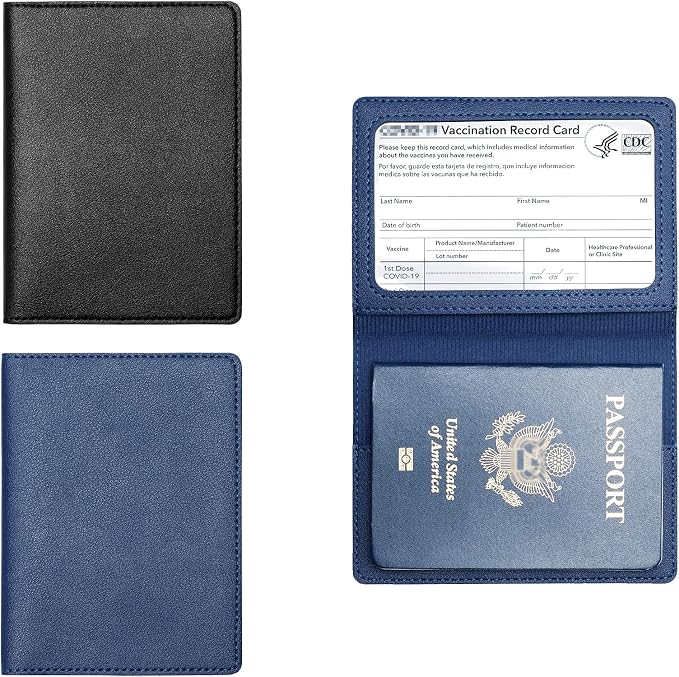 2 Pack Passport covers and Vaccine Card Holder PU Leather Passport Wallet Vaccine Case Protector Slot Travel Passport Wallets for Women & Men (Black&Blue)