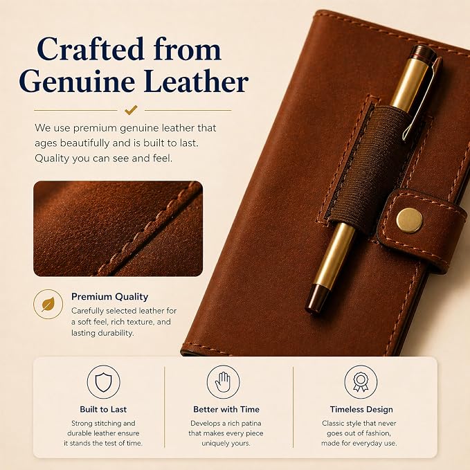 Genuine Tan Leather Checkbook Cover - Handmade Check Holder with Divider & ID Window, Slim Organizer Wallet for Business, Travel & Everyday Use, 3.5 x 7 inch