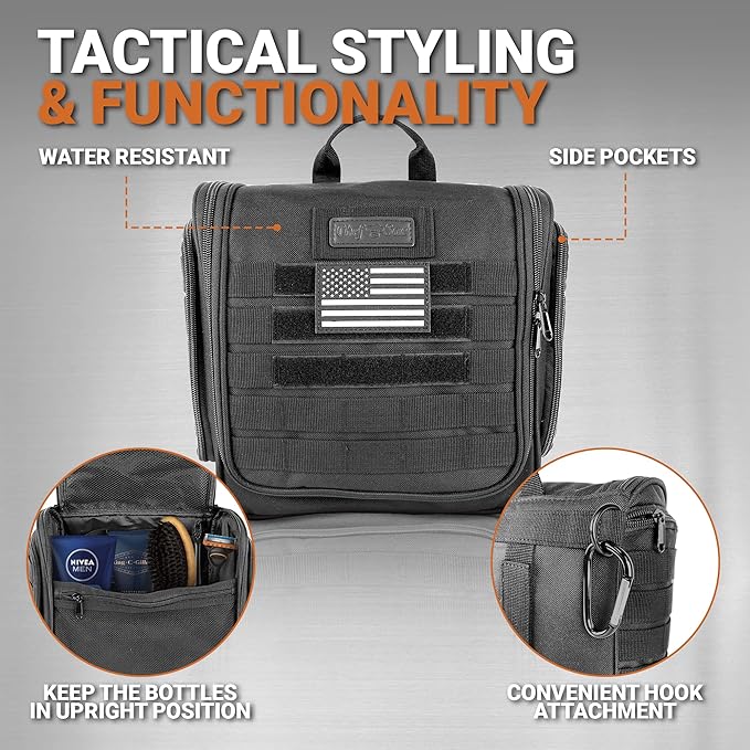 Chef Sac Tactical Toiletry Bag Dopp Kit, Hanging Travel Organizer with 12 Compartments, MOLLE Webbing, Detachable Paracord Handle, Heavy Duty Zippers, Mens Shower Bag for Travel