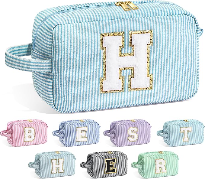 YOOLIFE Initial Makeup Bag for Women - Monogram Cute Makeup Bag Cosmetic Case Toiletry Pouch for Women Her Best Friend Sister Teacher, Personalized Birthday Gifts for Women, Light Blue H