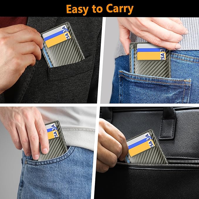 Travelambo Front Pocket Minimalist Leather Slim Wallet RFID Blocking Carbon Fiber Texture