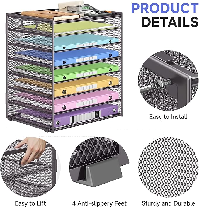 8-Tier Paper Organizer with Handle, Metal Mesh Desk Organizer File Folder Paper Letter Tray Desktop Document Sorter for Office, Home or School (Grey-2 Pcs)