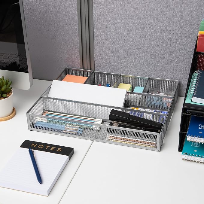 Mind Reader Drawer Organizer, Desk Org, Utensil Organizer, Office, Kitchen, Metal Mesh, Silver (Pack of 8)