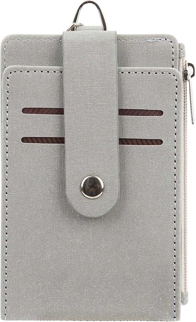 Women & Men Keychain Card Holder Case Zipper Slim Minimalist Front Pocket Wallet with 2 ID Window, Grey