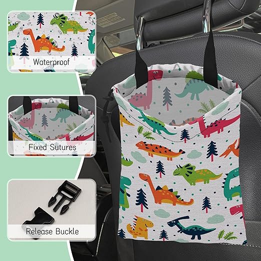 Cartoon Dinosaurs Car Trash Bag,Hanging Drawstring Car Garbage Bag,Waterproof Canvas Car Back Seat Organizer with Adjustable Buckle,for Vehicles,SUVs,Camping,Road Trips