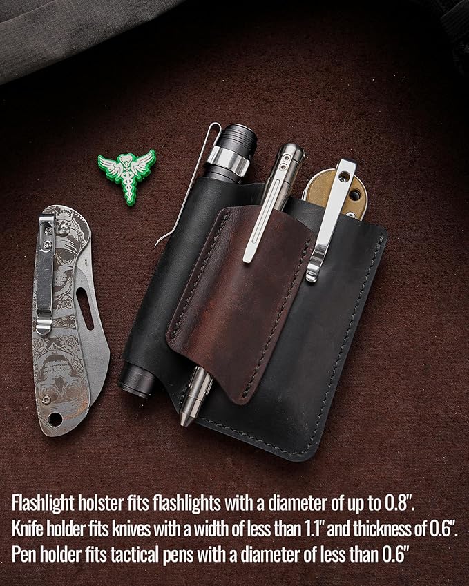 VIPERAED PJ38 Leather Multitool Sheath for Men, 4-in-1 Utility Leather Holster, EDC Pocket Organizer for Pocket Knife Multitool Flashlight and Pen