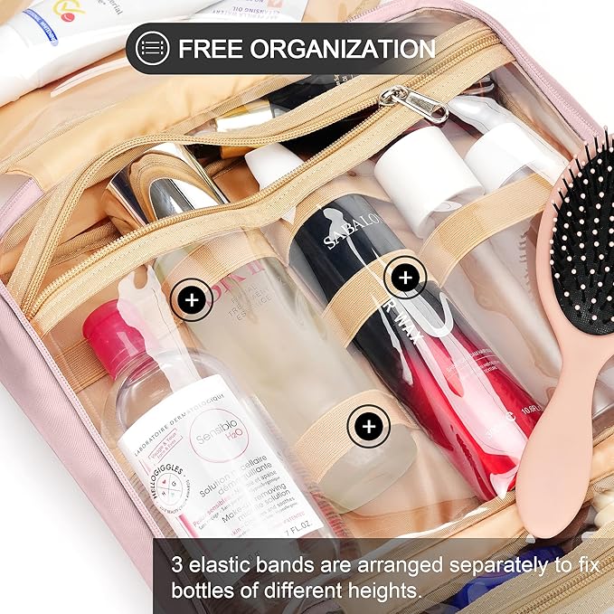 COOSKY Travel Hanging Toiletry Bag for Women, Large Makeup Bag 8 Leak Proofing Silicone Bottle Covers, Waterproof Cosmetic Bag with Jewelry Organizer Compartment, Toiletries Kit Set, Pink
