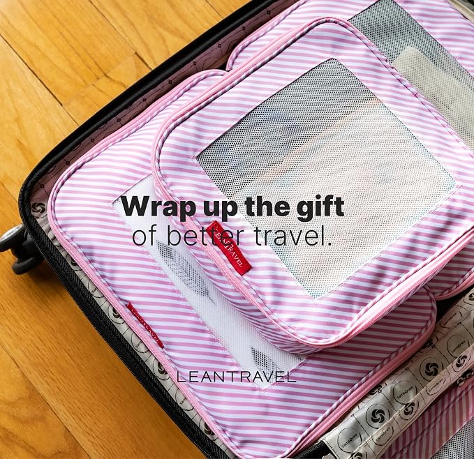 LeanTravel Premium Compression Packing Cubes for Travel - Suitcase Organizer Bags with Double Zipper & Breathable Mesh Panel - Space Saving Carry On Luggage Essentials (6-Pack, Pink Stripes)