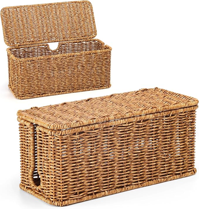 ZhiYo Rattan Cable Management Box, Speckled Brown, 12.5" x 5" x 5.2" | Handwoven imitation rattan cord organizer box conceals power strips and cables for a clean desk or floor setup