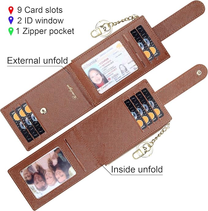 Badiya Slim Women Wallet RFID Blocking Bifold Compact 9 Card Slots Holder Wallets Soft Leather with Zipper Coin Pocket 2 ID Window
