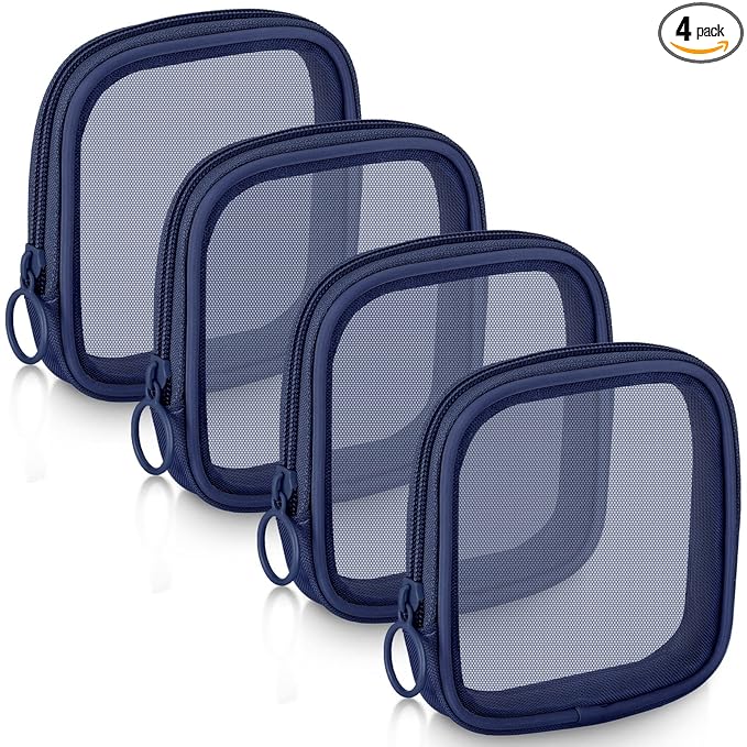 Weewooday 4 Pcs Mesh Makeup Bag Mesh Cosmetic Bag Travel Toiletry Pouch with Zipper Mini Makeup Cosmetic Purse for Daily Accessory(Small,Navy Blue)