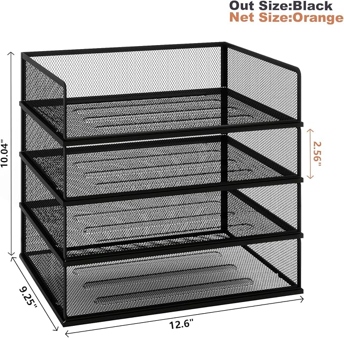 Natwind 4-Tier Stackable Metal Mesh Letter Paper Tray Organizer,Black | Desk Organizer For Paper,Document,Mail Tray For Office Supplies,File Holder For Home Office School Classroom Organization