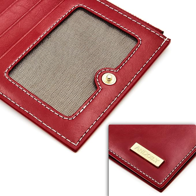ANDOILT Women's Genuine Leather Wallet RFID Blocking Credit Card Holder Zipper Purse Cell Phone Handbag
