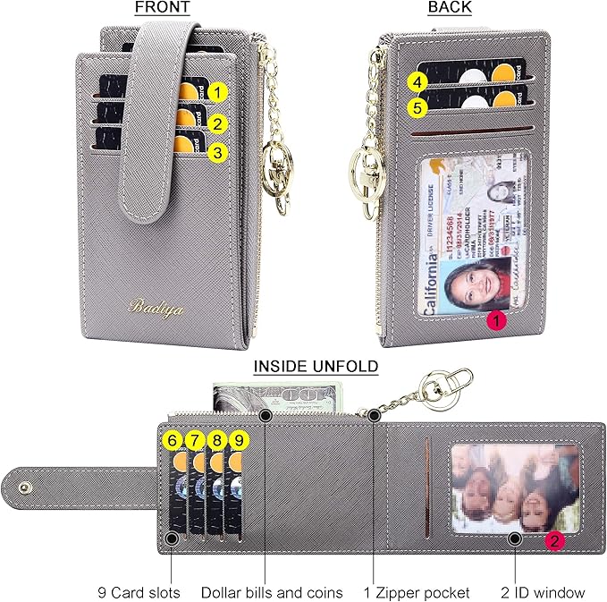 Badiya Slim Women Wallet RFID Blocking Bifold Compact 9 Card Slots Holder Wallets Soft Leather with Zipper Coin Pocket 2 ID Window
