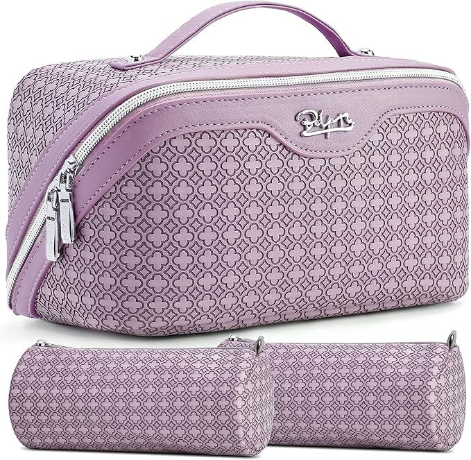 BOYATU Travel Makeup Bag for Women: Four Leaf Clover Large Capacity 3 Pcs Set Cosmetic Bags - Waterproof 50% Extra Space for Toiletry Organizer - Travel Essentials for Fortunate (02 Purple)