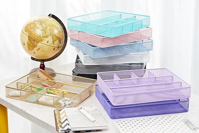 Annova Desk Top Organizer Tray for Office Organization - Metal Mesh - Storage Tray with Dividers for Pens, Desktop Accessories, Bathroom, Kitchen, Makeup and Office Supplies (Large, Light Pink)