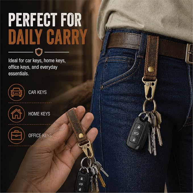 Genuine Leather Keychain with Belt Loop - Key Case Leather Tactical HK EDC Clip Fob Keychain Leathers Key Holder