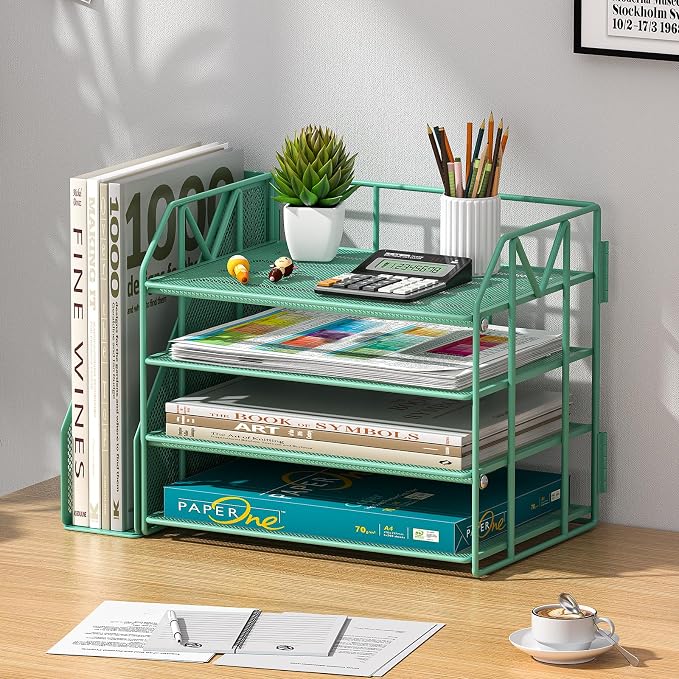 4-Tier Paper File Organizer with Bookend, Metal Desk Organizer, Tiered Paper Tray for Letter/A4 Files, Desktop Office Supplies Storage Rack for Home Office, Classroom, School & Work,Green