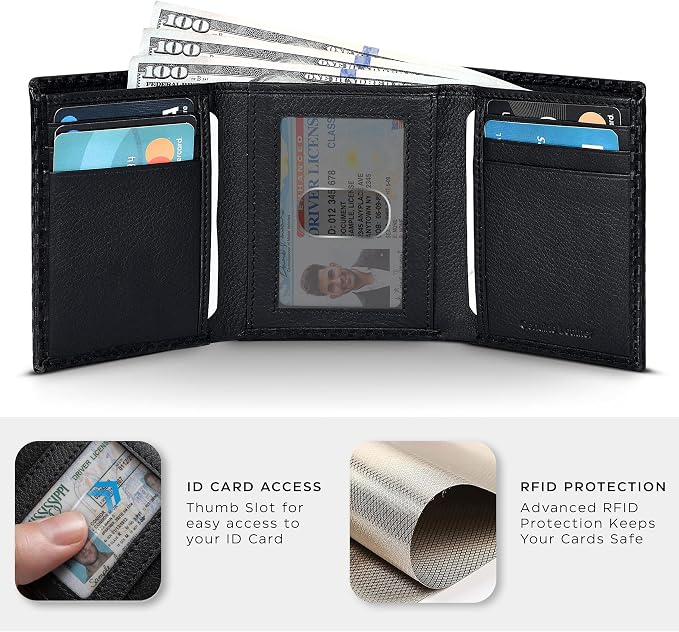 Tri fold Leather Wallet for Men with RFID | Slim Wallets for Men with 1 ID and 6 Credit card slots | Front Pocket Minimalist