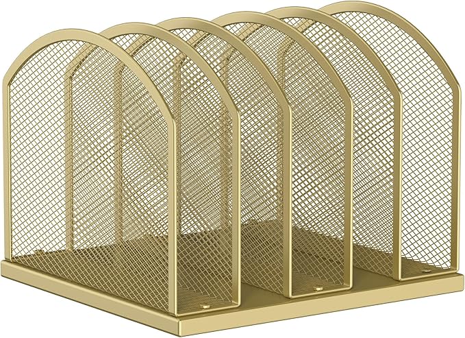 Gawerk 5-Section Vertical Desktop Organizer, 5-Section Mesh File Folder Stand Sorter for Office Home Classroom Organization (1, Gold)
