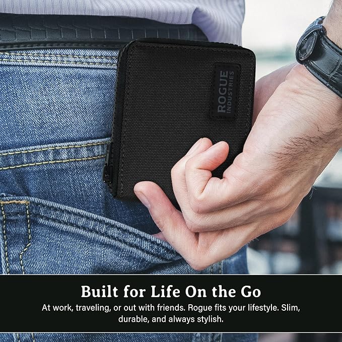 ROGUE WALLET Interior Genuine Leather Wallets for Men - RFID Blocking Robust Outer Nylon Wallets - Full Cash Slot and Expandable Coin Pouch - Gift for Men (Black)