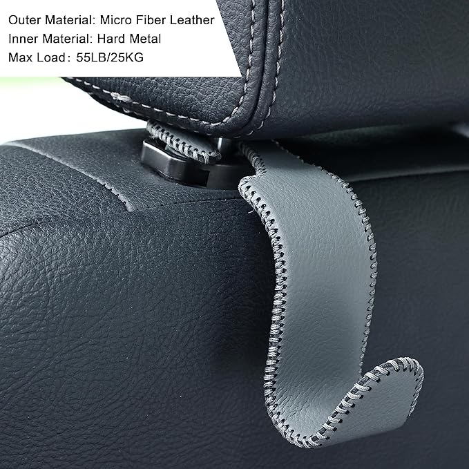 Amooca Car Seat Headrest Hook Universal Vehicle Storage Hanger Leather with Metal Car Seat Back Organizer for Handbag Purse Coat Grey 4 Pack